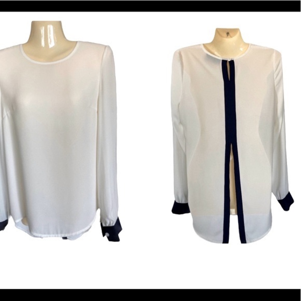 Blaque Label Sheer Blouse Open Slit Back Button Classic Chic Ivory Navy Trim XS